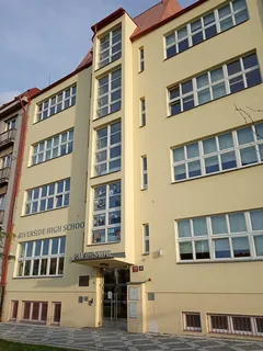 Riverside High School building in Prague, photographed in 2019